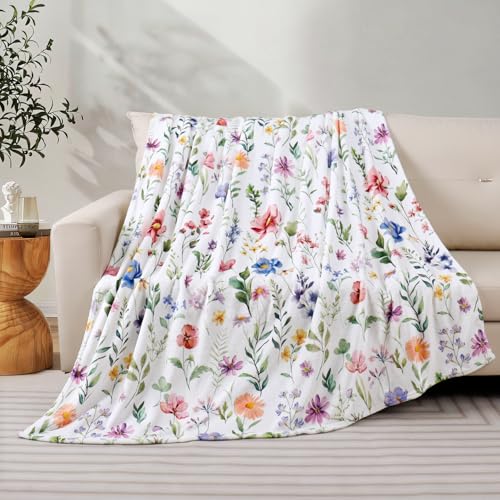 Floral Blanket Colorful Plants Wildflowers Throw Blanket Botanical Flowers Printed Blankets Soft Cozy Flannel Fleece Bed Blankets for Couch Sofa Bed Lounging - color: Flower, size: 50"x60"