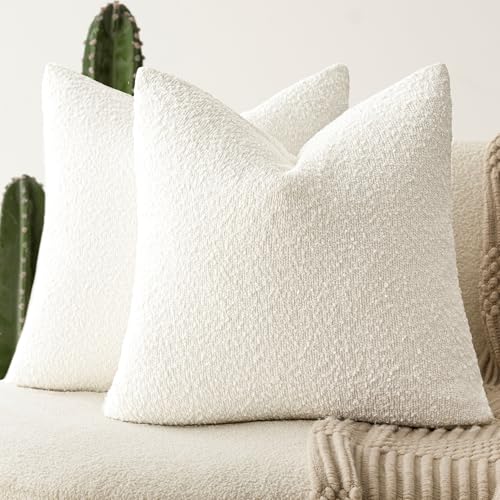 Foindtower Set of 2, Decorative Textured Boucle Throw Pillow Covers Accent Solid Pillow Cases Neutral Soft Cozy Couch Cushion Case for Chair Sofa Bedroom Living Room Home Decor 16 x 16 Inch White - color: White, size: 16" x 16" (Pack of 2)
