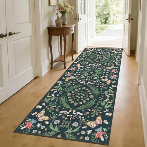 Butterfly Hallway Runner Rug 3x8：Kitchen Rug Washable Runner Lightweight Non Slip Ultra-Thin Stain Resistant Soft Carpet for Bathroom Laundry Room Bedroom（Black Green，3x8） - color: Black Green, size: 3' x 8' (Runner)