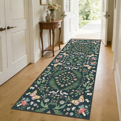 Butterfly Hallway Runner Rug 3x8：Kitchen Rug Washable Runner Lightweight Non Slip Ultra-Thin Stain Resistant Soft Carpet for Bathroom Laundry Room Bedroom（Black Green，3x8） - color: Black Green, size: 3' x 8' (Runner)