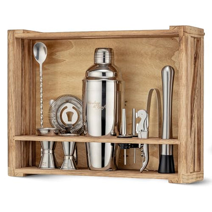 Mixology & Craft Rustic Cocktail Shaker Set – Includes Wood Stand, Complete Barware Kit with 24 Oz Shaker, Dual Jiggers, Pourers, Muddler, Strainer – Perfect for Home Bartenders (Silver) - color: Silver