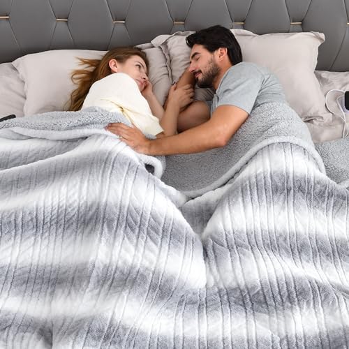 Bearhug Electric Blanket King Size 100" x 90" Dual Controllers Heated Blanket, 10 Heat Settings, 1-12 Hour Auto Shut-Off, Faux Fur & Sherpa Dual-Sided, Machine Washable, Gift-Ready Elegant Packaging - color: Silver Shade Gradient Stripe, size: King Size 1