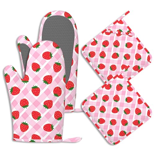 Cute Strawberry Pot Holders and Oven Mitts Set Silicone Pink Check Plaid Kitchen Gloves Potholders Heat Resistant Washable,Chef Cooking Baking Gifts for Women Men Bakers Lover Cooks - color: Cute Strawberry,pink Check Plaid