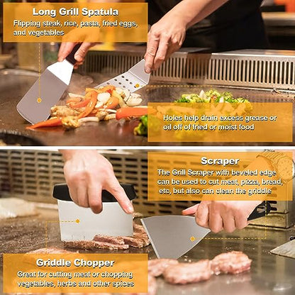 Griddle Accessories Kit, Terlulu 29 PCS Flat Top Grill Accessories for Blackstone and Camp Chef, Metal Spatula Set with Burger Press, Melting Dome, Scraper, Tongs, Carry Bag for Outdoor Grilling BBQ - style: with Round Burger Press