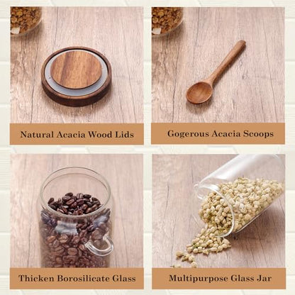 KOSKIMER Coffee and Sugar Container Set, Glass Coffee Jars with Wooden Lids | Decorative Sugar Tea Creamer Canisters for Kitchen Countertop, Small Sugar Container with Spoon for Coffee Bar (25oz)