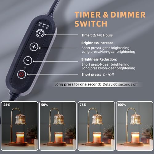 CRMILL Candle Warmer Lamp with Timer: Adjustable Dimmable Height Adjustable Warming - Flower Shape Wax Lamp Jar Candles No Flame Modern Home Decor Table Lights - Home Living Bedroom - color: Amber-electroplatedgoldplating