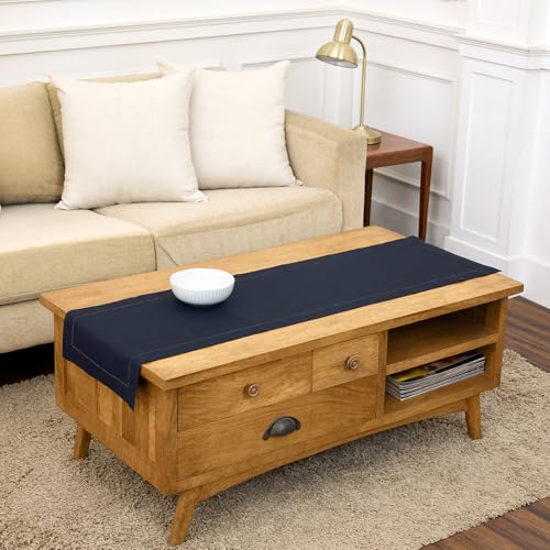 Solino Home Cotton Linen Table Runner Navy, Hemstitch Collection 14 x 60 in | Table Runners for end tables, coffee tables, small dining tables and dressers | soft plain weave, artisan crafted | easy care - color: 14: Navy, size: 14 X 60 Inch