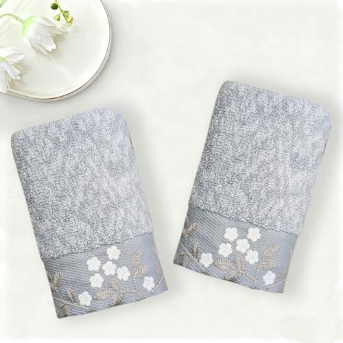 Grey Floral Hand Towels Embroidered 100% Cotton Super Soft Highly Absorbent Bath Towels Set Cute Decorative Washcloth for Shower Bathroom Kitchen Spa Daily Use, 13x27 Inch - color: Grey Emdroidered Floral