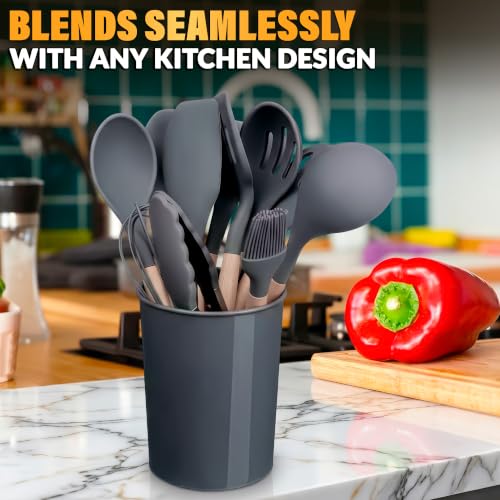 12 Pcs Gray Kitchen Utensils Set with Holder for Nonstick Cookware | Silicone Cooking Utensils Set for BBQ; Heat-Resistant Tools with Wooden Handles for Baking, Serving, Frying, and Mixing - color: Gray