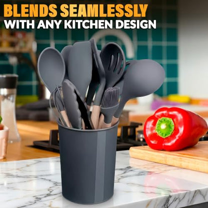 12 Pcs Gray Kitchen Utensils Set with Holder for Nonstick Cookware | Silicone Cooking Utensils Set for BBQ; Heat-Resistant Tools with Wooden Handles for Baking, Serving, Frying, and Mixing - color: Gray