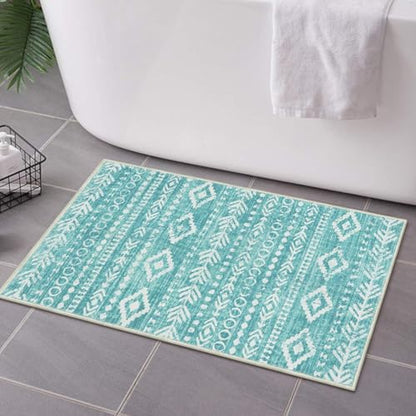 Lahome 2x3 Rustic Geometric Teal/White Area Rug, Machine Washable, Non-Slip Backing, Boho Print Design, Ultra-Thin Soft Indoor Entrance Rug - color: Teal/White, size: 2' x 3'