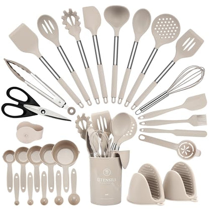 Hvygss 28 Pcs Silicone Cooking Utensils Set with Stainless Steel Handle, 446℉ Heat-Resistant Kitchen Utensils Set with Holder, Dishwasher Washable Silicone Spatula for Non-stick Cookware (Khaki)