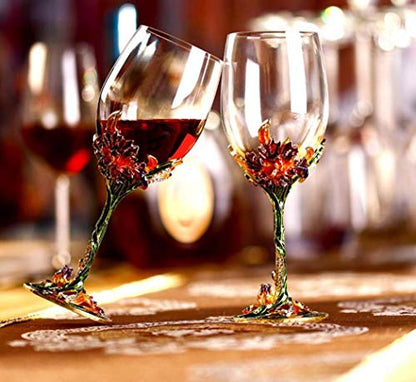 Comeon Flower Wine Glasses Hand Painted Wine Glasses Green 2 Set | Green Enamels Floral Design, Included Gift Box, Transparent Glass, Long Stem Crystal Red Wine Glasses - color: Green/ 2 set (gift box)