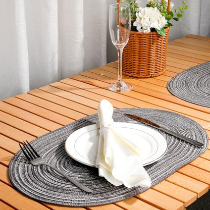 Black Grey Stripe Oval Woven Placemat Set of 6 - color: Black Grey