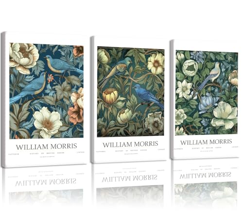 EEYNAQQ William Morris Wall Art, 3-Piece Vintage Bird Floral Canvas Painting, Botanical Pattern Wall Decor for Living Room Bedroom Dining Room, 12x16 Inches Ready to Hang - color: Floral and Bird Wall Art, size: 12x16 Inches