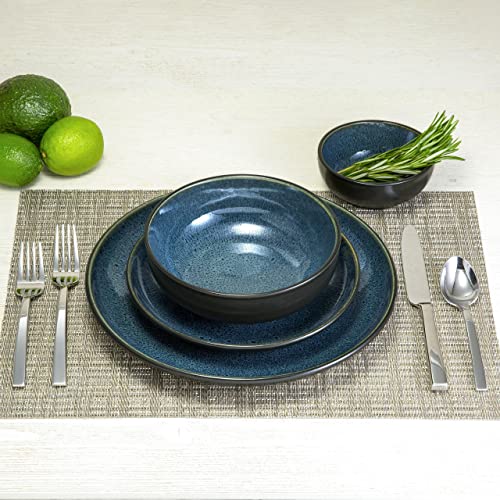 Sango 16-Piece Stoneware Dinnerware Set for 4, Glossy Black/Blue Big Dinner Plates and Bowls Sets with Reactive Glaze, Ceramic Dish Set, Modern Beautiful Dishes, Microwave & Dishwasher Safe, Resona - color: Blue, size: 16-Piece Set