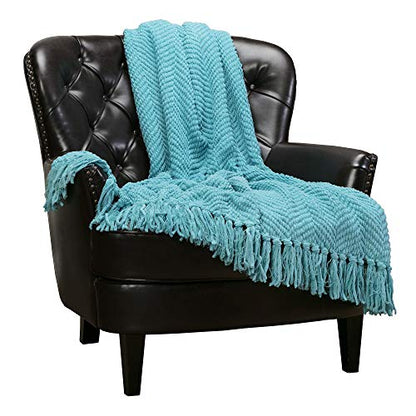 Chanasya Premium Textured Knit Throw Blanket with Tassels - Soft, Cozy Blanket for Couch, Bed, Living Room - 50" x 65” - Aqua - color: Aqua