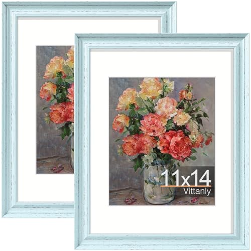Vittanly 11x14 Picture Frames, Vintage Photo Frames, Distressed Mint, 2-Pk | Display 8x10 Pictures with Mat or 11x14 without Mat, Rustic Frames with Plexiglass, Farmhouse Home Decor for Wall Mounting - color: Distressed Mint, size: 11x14