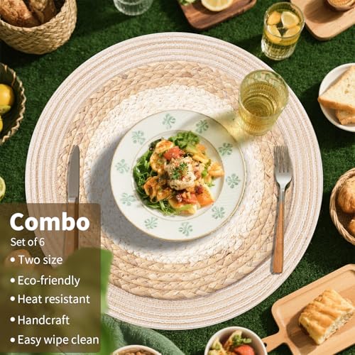 Handmade Round Boho Placemats Set of 6 | Natural Woven & Polyester Braided Combo Table Mats | 12-Piece Versatile Place Mats | Simple Rustic Farmhouse Style Dining Table Decor, Beige - color: Beige