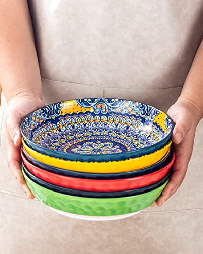 HENXFEN LEAD Pasta Salad Bowls Set of 6, Wide and Shallow Serving Bowls for Kitchen 32 Oz - 8 Inch Porcelain Soup Bowl, Pasta Plates Dishwasher & Microwave Safe - Bohemian style | Assorted Patterns, 8 Inch Pasta Plates with Wide and Shallow Design, Microw