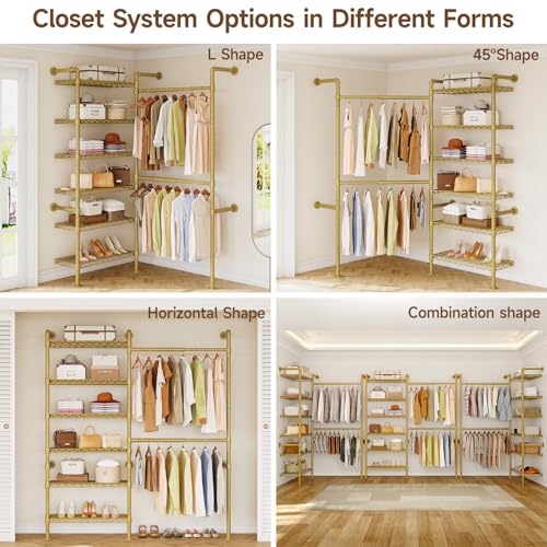 L2 Wall Mounted Closet System, Industrial Pipe Clothing Rack, Gold | Metal Clothes Rack with 2 Telescopic Rods & 6 Shelves, Heavy Duty Closet Organizers for Wardrobe, Reach-in & Walk-in Closets - color: Gold