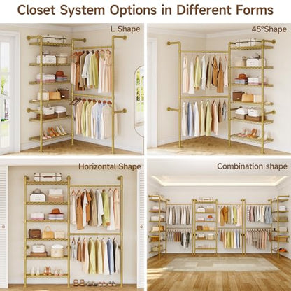 L2 Wall Mounted Closet System, Industrial Pipe Clothing Rack, Gold | Metal Clothes Rack with 2 Telescopic Rods & 6 Shelves, Heavy Duty Closet Organizers for Wardrobe, Reach-in & Walk-in Closets - color: Gold