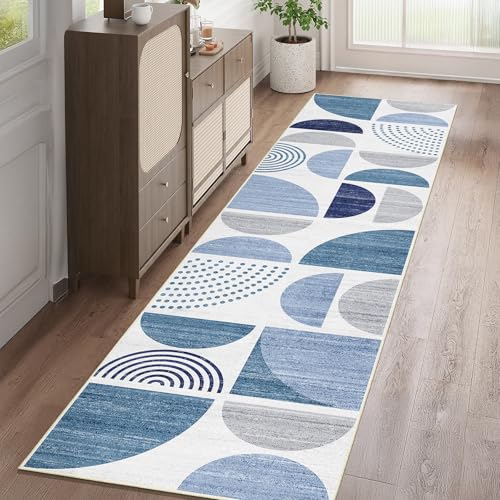 Runner Rug Washable,Blue 2x8 Area Rugs Non Slip Modern Abstract | Long Throw Carpet for Hallways Kitchen Bedroom Entryway Bathroom Laundry Boho Soft Low Pile Floor Indoor Bohemian Navy Blue - color: Blue and Grey, size: 2' x 8' (Rectangular)