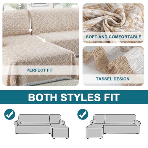 Turquoize Sectional Couch Covers L Shape Couch Cover Sectional Sofa Cover Washable 2 Pieces Blanket for Sectional Sofa Feature Geometrical Woven Jacquard Fabric (71" x 102"+63" x 110", Khaki/White) - color: Khaki/White, size: Small Sectional: 71" x 102"+6