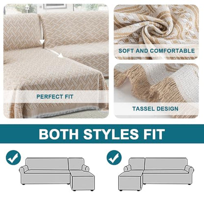 Turquoize Sectional Couch Covers L Shape Couch Cover Sectional Sofa Cover Washable 2 Pieces Blanket for Sectional Sofa Feature Geometrical Woven Jacquard Fabric (71" x 102"+63" x 110", Khaki/White) - color: Khaki/White, size: Small Sectional: 71" x 102"+6