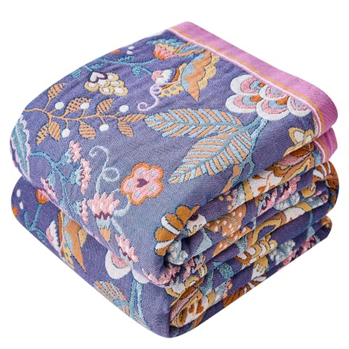 Boho Throw Blanket Farmhouse Decor Throw Blanket Bohemian Blanket for Bed 100% Cotton Muslin Woven Couch Blanket All Seasons Quilt Bedroom (H-Purple, 50"x60") - color: H-purple, size: 50"x60"