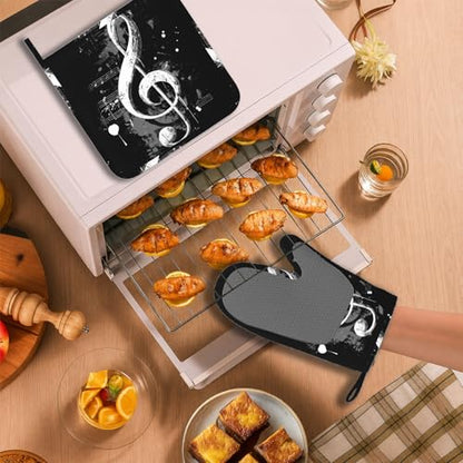 Black Notes Oven Mitts and Pot Holders Sets Non-Slip Silicone Surface for BBQ Gloves,Kitchen,Cooking,Baking,Grilling,BBQ - color: Black Notes