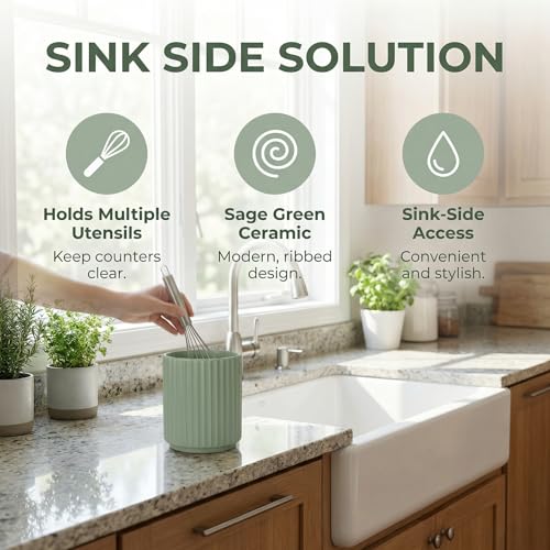 Small Utensil Holder for Kitchen Counter (H5.51” x W4.92”), Countertop Utensil Holder for Kitchen Ceramic, Utensils Crock for Countertop, Includes Silicone Drying Mat, White