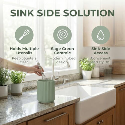 Small Utensil Holder for Kitchen Counter (H5.51” x W4.92”), Countertop Utensil Holder for Kitchen Ceramic, Utensils Crock for Countertop, Includes Silicone Drying Mat, White