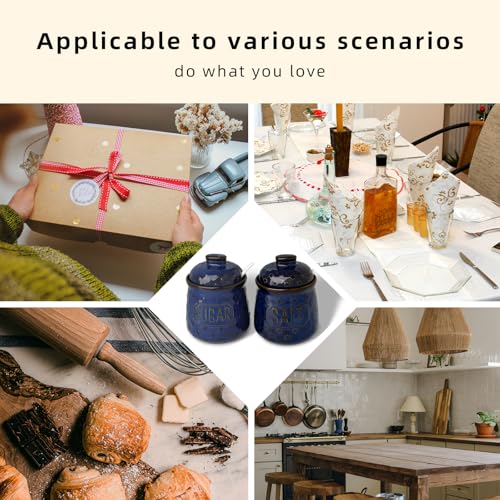 GDCZ 10 Oz Ceramic Salt and Sugar Bowls Set with Lid and Spoons (Blue) | Convenient Set of 2 for Kitchen, Includes Lids & Matching Spoons, 10oz Capacity, Embossed Pots - color: Blue