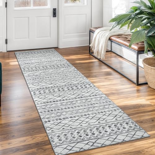 KUTA Boho Washable Runner Rug 2x7 Grey White Moroccan | Non-Slip, Non-Shedding, Low Pile, Ultra Soft Geometric Floor Carpet Rugs for Hallway Bathroom Entryway Bedroom Laundry Foyer - color: Grey, size: 2' x 7' (Runner)