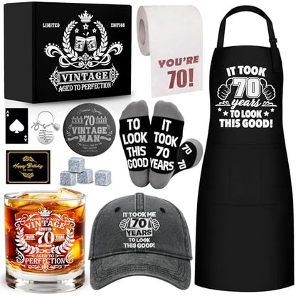 70th Birthday Gifts for Men Whiskey Glass Set, 70th Birthday Party Supplies with 11 Oz Whiskey Glass Coaster Stone Baseball Cap Apron Sock Toilet Paper Keychain for Him, Dad, Husband, Friends - style: 70th Birthday
