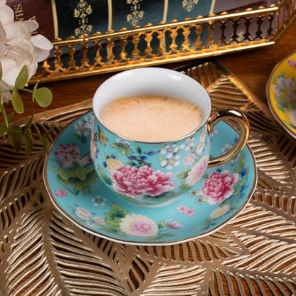 KAMMAK Tea Cup and Saucer, Ceramic Coffee Cups, 7.1 oz, Set of 2 | Porcelain Tea Cups with Saucers for Coffee and Cappuccino, Ideal for Breakfast, Afternoon Tea and Entertaining,940+941N - style: 940N+941N