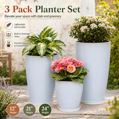 Neoaider Set of 3 Tall Planter, 24/21/12in Large Plastic Planter, WhiteJade | Ceramic-Look, Lightweight, Built-in Drain Hole, Saucers, Tall Outdoor Planter for Porch, Garden, Patio, Balcony - color: White Jade