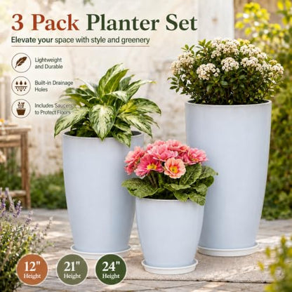 Neoaider Set of 3 Tall Planter, 24/21/12in Large Plastic Planter, WhiteJade | Ceramic-Look, Lightweight, Built-in Drain Hole, Saucers, Tall Outdoor Planter for Porch, Garden, Patio, Balcony - color: White Jade