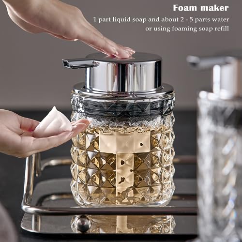CICUFY Foaming Hand Soap Dispenser, Glass Foam Soap Dispenser or Lotion Dispenser for Kitchen & Bathroom Refillable Clear Glass Liquid soap Dispenser with Large Silver Pump-1 Pack - color: Clear-1 Pcs, style: Foam/Diamond Pattern/Silver Top