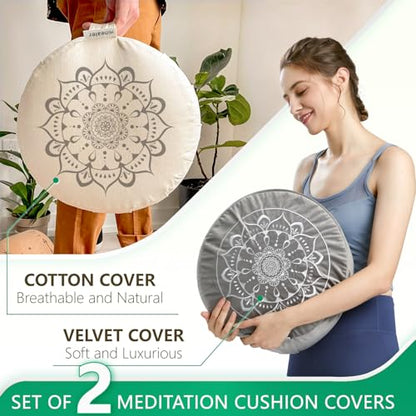 Hihealer Meditation Cushion, Traditional Tibetan Meditation Pillow Velvet Cover - Large Floor Cushion Seating for Adults - Yoga Buckwheat Bolster for Women、Moms - color: Calmly Grey & White