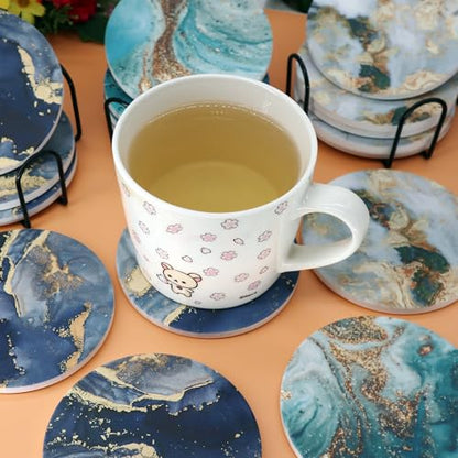 Navy Blue Marble Ceramic Coasters with Holder Absorbent Drink Coaster Set Outdoor Round Abstract Cute Table Decorative Coffee Cup Beverage Fun Wine Beer Bar Gold Housewarming 6 Pack - style: Navy Blue Gold