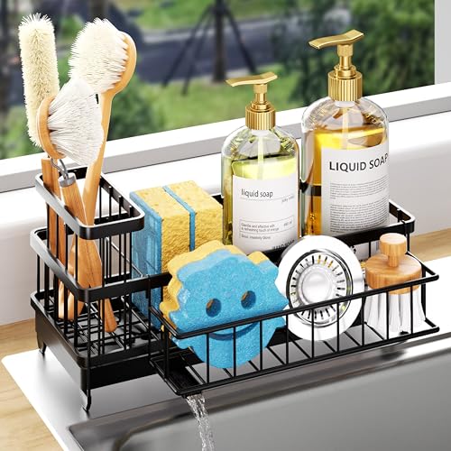 Consumest Sponge Holder for Kitchen Sink - Auto Draining Sink Caddy Organizer with Detachable Rack, High Brush Holder, Kitchen Countertop Storage Accessories, Black-Extra Large - color: Black, size: X-Large