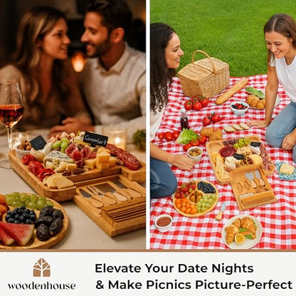 Bamboo Charcuterie Boards Gift Set - Meat and Cheese Tray with Utensils | Fruit Server & 2 Sauce Bowls Included – House Warming, Wedding & New Home Present