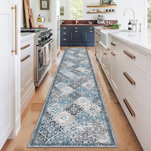 KILOCOCO 2x12 Washable Runner Rug Nonslip Soft Area Rug for Hallway Kitchen | Soft Moroccan Trellis Spill & Stain Resistant Low Pile Carpet for Entryway Office Laundry Bedroom, Easy Clean - color: Blue/Multi, size: 2' x 12' (Runner)