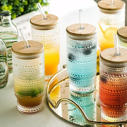 KEMORELA Set of 6 Hobnail Drinking Glasses with Cool Glassware Lid and Straw, 16oz XL Highball Bubble Cocktail, Old Fashioned Beverage Glasses, Romantic Water Glasses for Juice - color: 6PCS-16 Oz With Lid