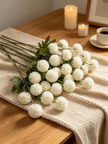 Faux Silk Chrysanthemum, Ivory, 10 Pcs | Artificial Flowers, Mini Fake Mums with Stems, DIY Bouquets, Wedding Centerpieces, Vase Fillers - color: Ivory