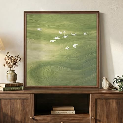 Vintage Framed Green Abstract Wall Art, Modern Minimalist Sage Green Canvas Prints Artwork for Walls, Rustic Square Birds Pictures for Living Room Bedroom Dining Room Bathroom Wall Decor, 24x24 In - color: Green-C, size: 24"L x 24"W
