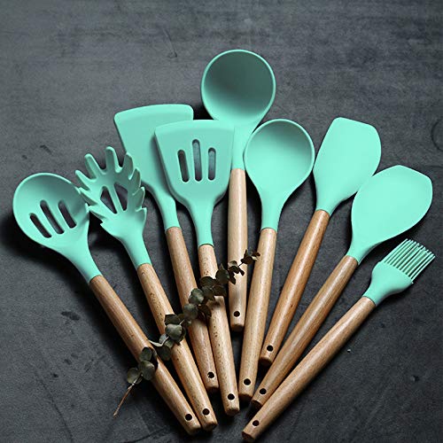 Umite Chef Kitchen Cooking Utensils Set, 24 pcs Non-stick Silicone Cooking Kitchen Utensils Spatula Set with Holder, Wooden Handle Heat Resistant Silicone Kitchen Gadgets Utensil Set (Green) - color: Green