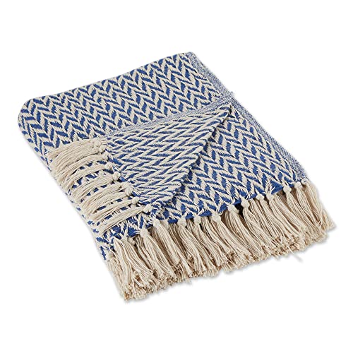 DII Modern Zig Zag Throw Blanket Woven Cotton, Hand-Knotted 2.5" Fringe, 50x60, French Blue - color: French Blue, size: 50x60"